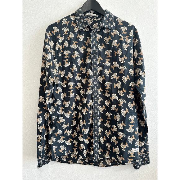 Scoth & Soda Mens Flower Black and Tan Print Button Up Long Sleeve Size Medium - Picture 1 of 7